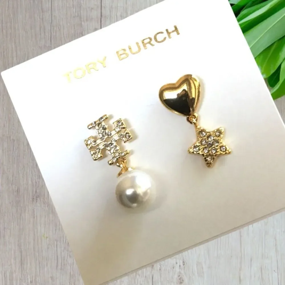 TORY BURCH MISMATCHED PEARL, HEART START DOUBLE T LOGO EARRINGS 14K GOLD/BRASS